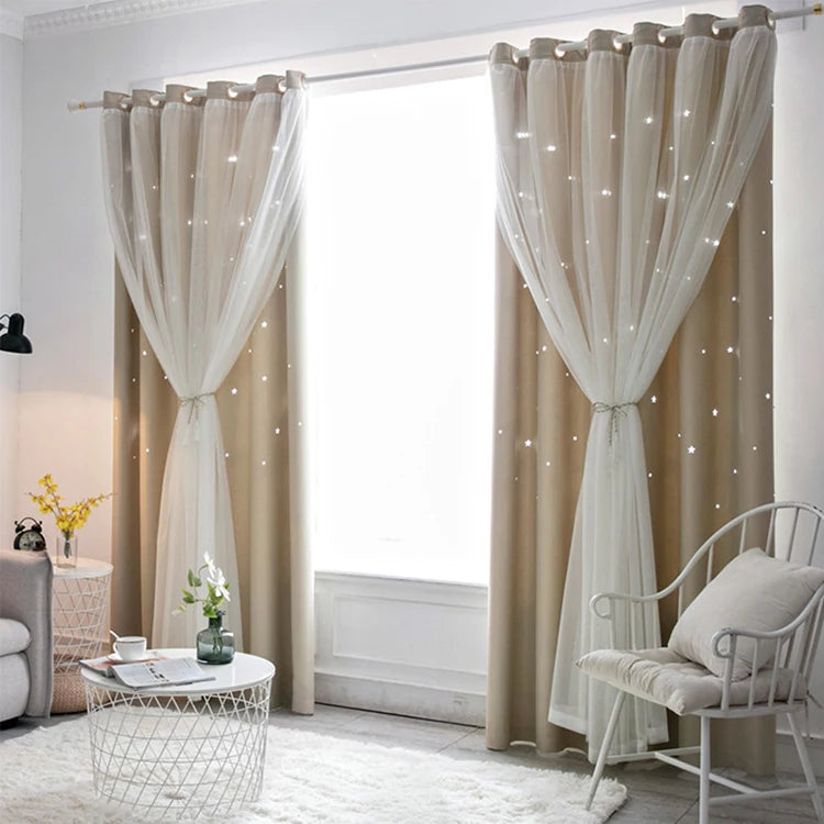 Double Layers Romantic Sheer Kids Children Girls Curtains With Hollow Out Stars For Living Room Bedroom Windows Drapes