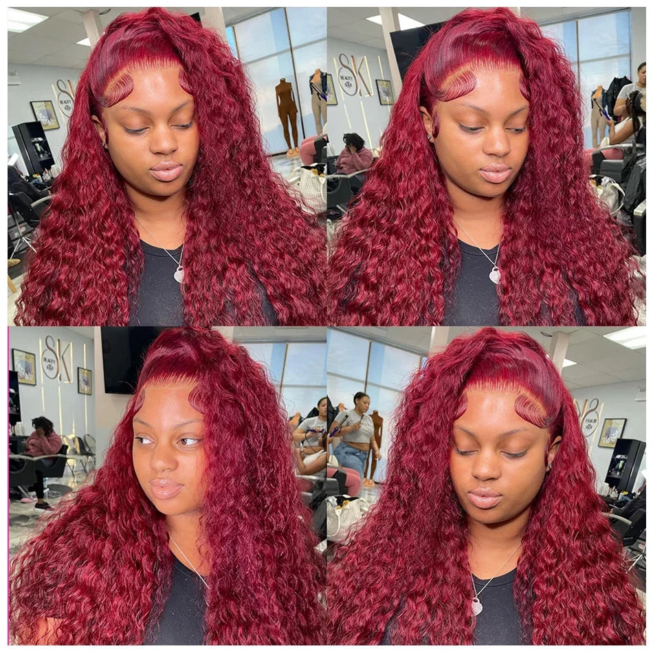 99J Burgundy Colored Curly Wig Transparent 13x6 Lace Frontal Human Hair Preplucked 13x4 HD Lace Frontal Deep Wave Wigs For Women