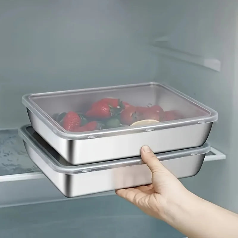 2pcs Stainless Steel Food Storage Container Rectangle Dish with Cover Noodles Fruit Tray Lunch Box Thick Refrigerator Plate