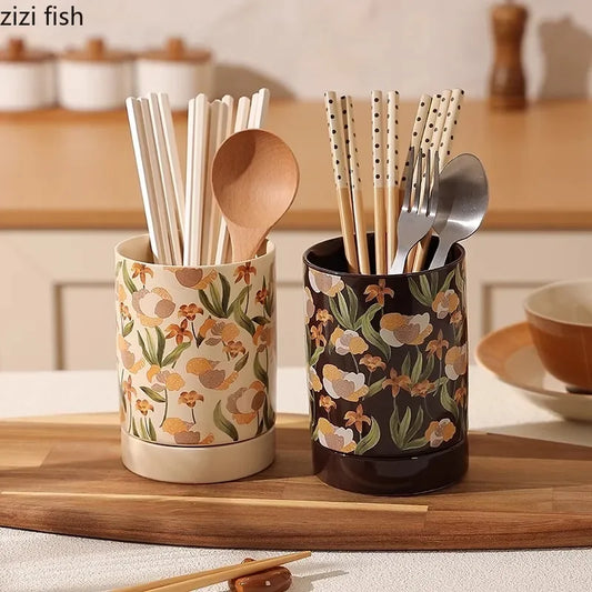 French Iris Ceramic Chopstick Holder Countertop Mold Proof Draining Chopstick Storage Jar Knife Spoon Rack Kitchen Storage Tool