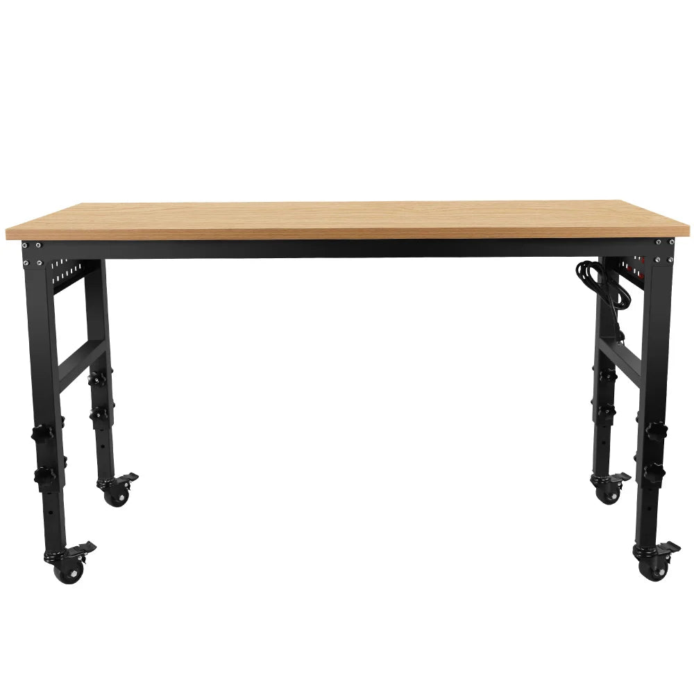 60" ×24'' Adjustable Workbench Rolling Heavy-Duty Worktable with Power Outlet and Wheels Large Load Capacity Rubber Wood Top