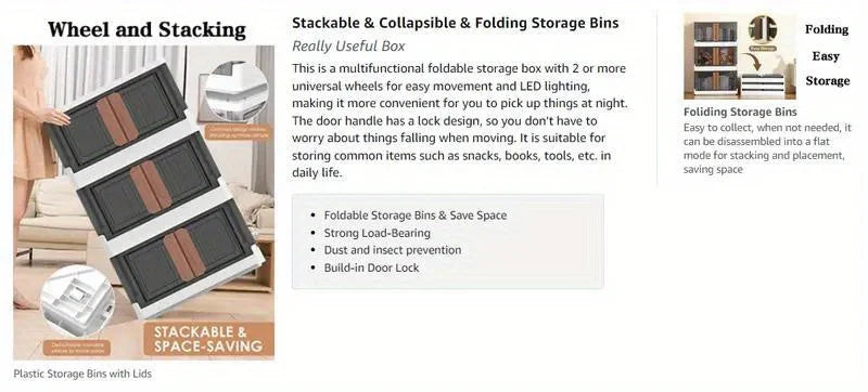 Collapsible Storage Bins, 2-Pack of Large Stackable Wheeled Clothing, Shoe, Bedroom, Office Organizer, Foldable Containers