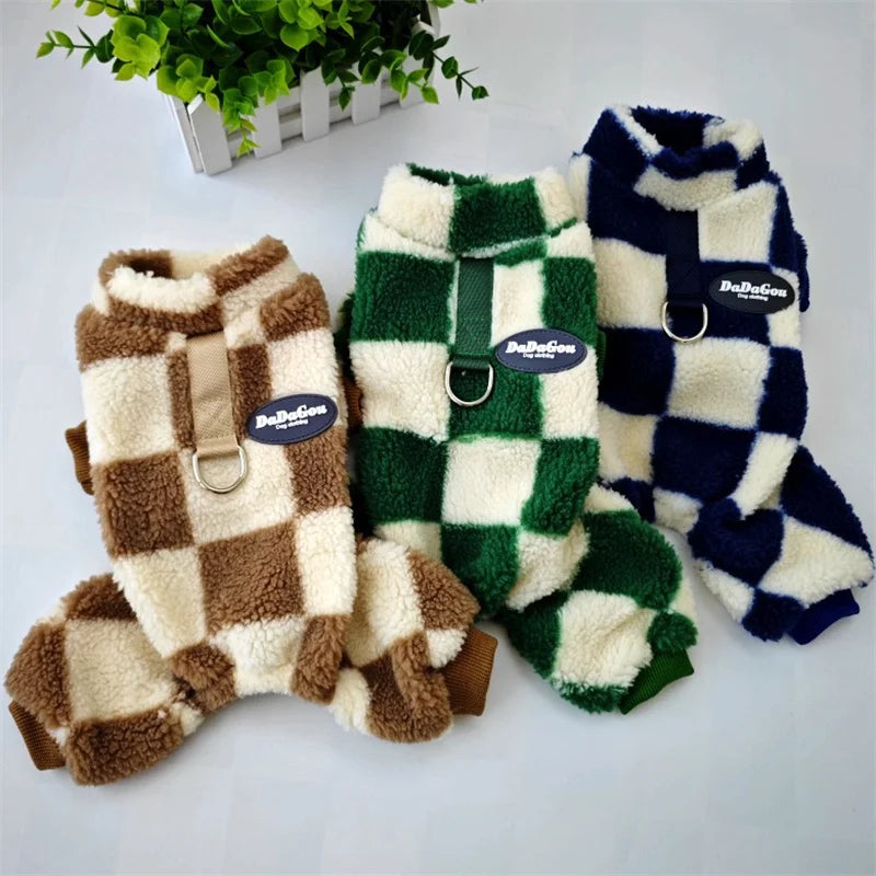 Plaid Winter Pet Jumpsuit – Warm Pajamas Overalls for Small Dogs, Pomeranians, Chihuahuas, and Puppies