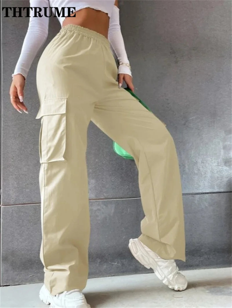 Vintage Streetwear Cargo Pants Fashion Women Solid Oversized Pocket High Waist Baggy Pant Casual Hip Hop Straight New Trousers