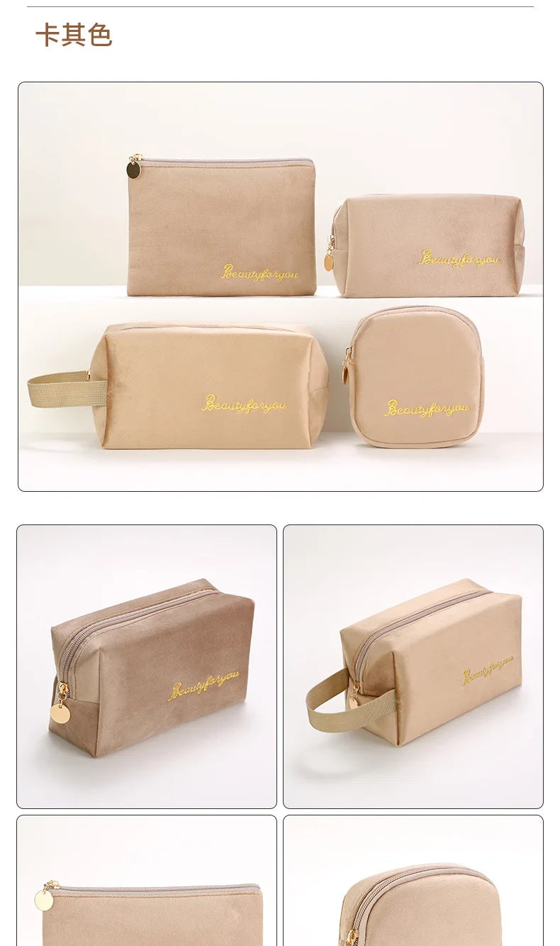 Plush Cosmetic Bag for Women – Large Zipper Makeup & Toiletry Travel Pouch, Solid Color Beauty Bag