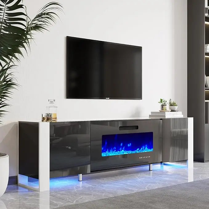Fireplace TV Stand with 40" Fireplace, 80" Modern High Gloss Entertainment Center LED Lights, U-Shaped Legs TV Console