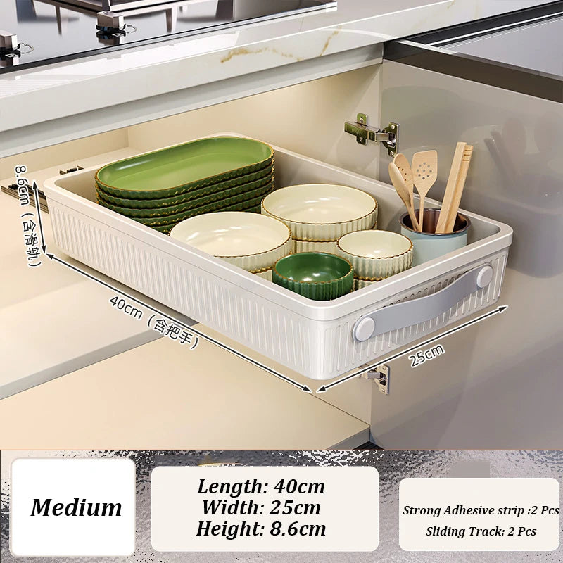 Kitchen Sliding Drawer with Slide Rail Cabinet Clothes Spice Dish Bowl Storage Rack Pull Out Cabinet Organiser Tray With Handle