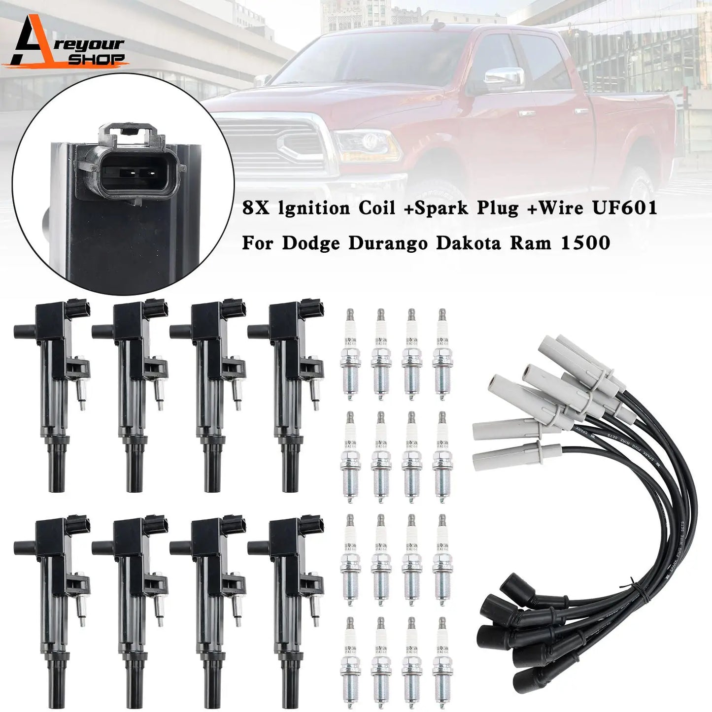 Areyourshop 8X lgnition Coil +Spark Plug +Wire UF601 For Dodge Durango Dakota Ram 1500