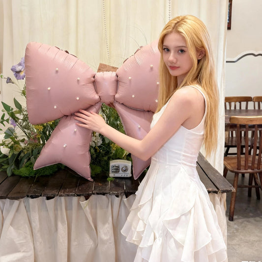 Bow aluminum foil balloon strap with pearl decoration for birthday party, wedding proposal, shower party decoration