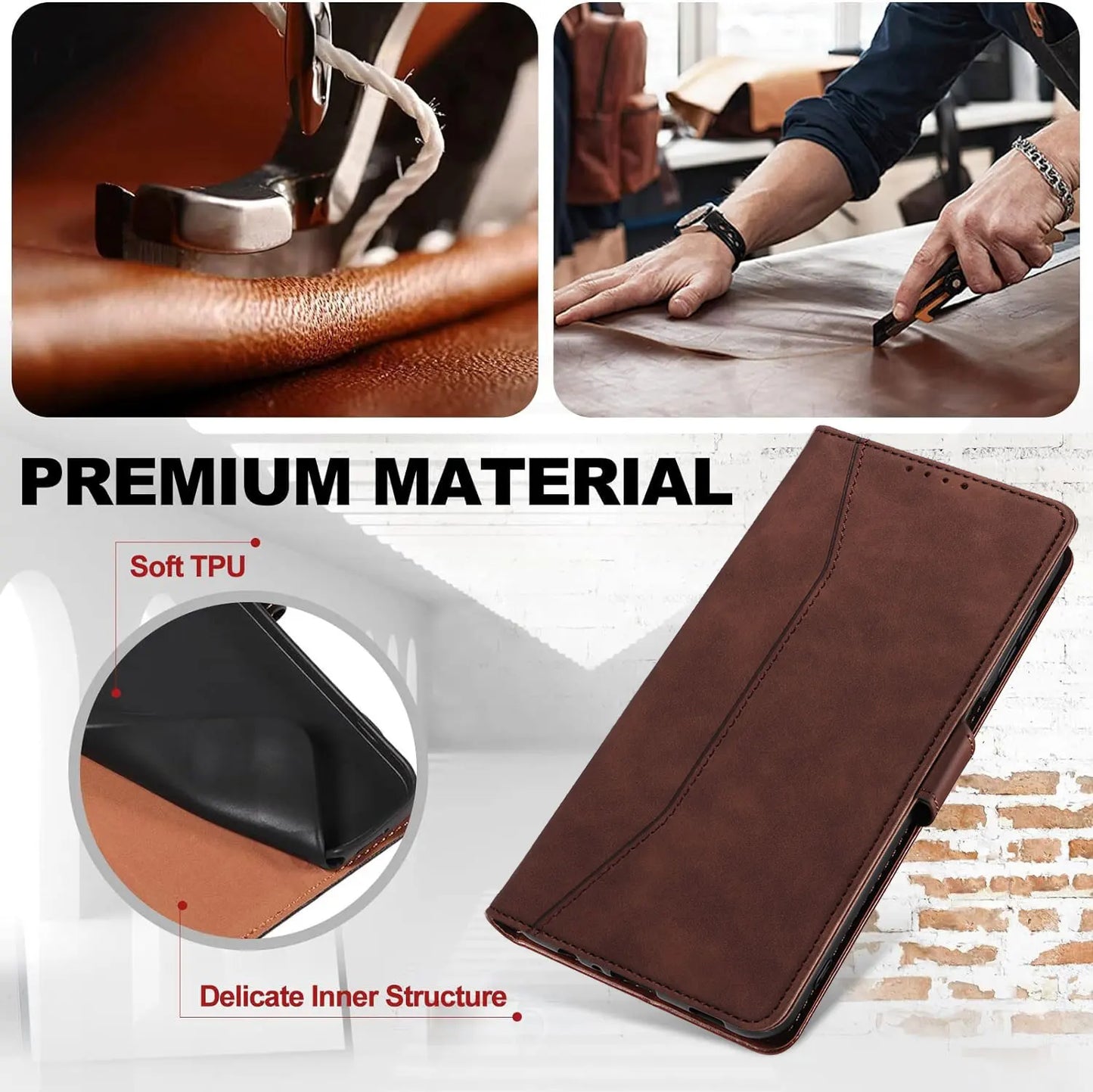 For Samsung Galaxy S22 Ultra 5G Leather Case Rugged Phone Flip Card Slots Magnetic Wallet Phone Cover Dark Brown
