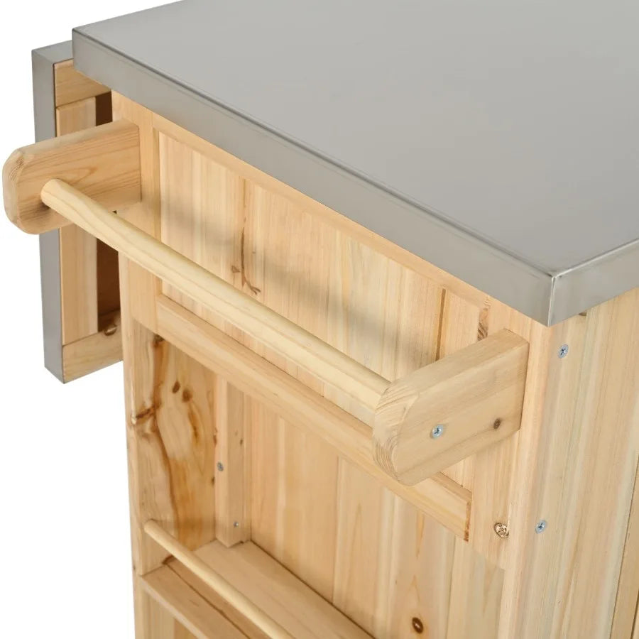 Outdoor Kitchen Island Fir Wood Kitchen Island with Stainless Steel Top Ample Storage Space Towel and Spice Racks and a Bottle