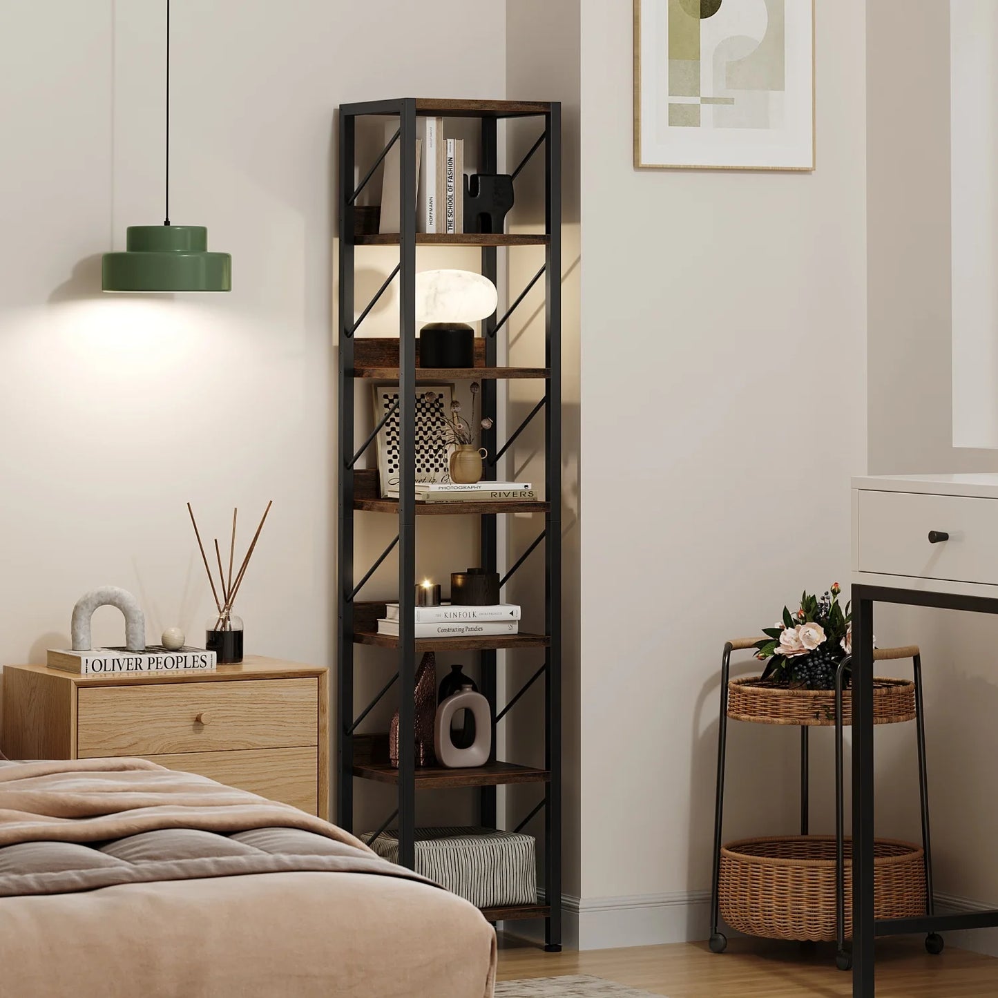 Bookshelf Narrow Bookcase Tall Skinny Storage Rack Shelf 6 Tier Industrial Bookshelf Display Racks for Home Office