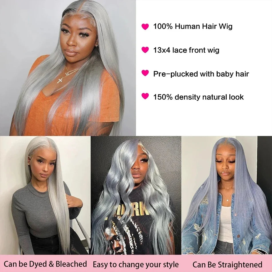 13x6 Straight Grey Lace Front Wig Human Hair Pre Plucked Remy Brazilian Silver Gray Lace Frontal Wig Body Wave Human Hair Wigs