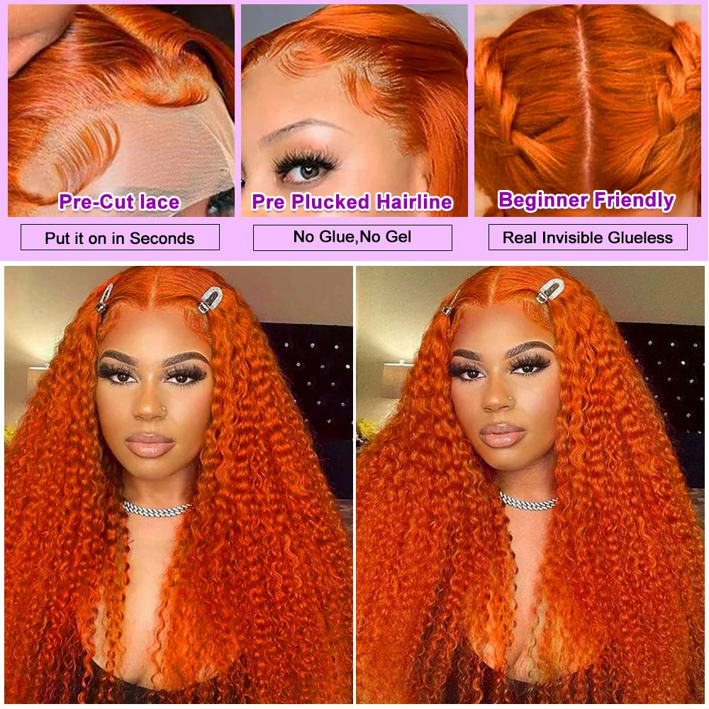 Colored #350 30 32 Inches Ginger Orange Deep Wave 13x6 13x4 Hd Lace Frontal Wig Human Hair Curly 13x4 Lace Front Wigs For Women
