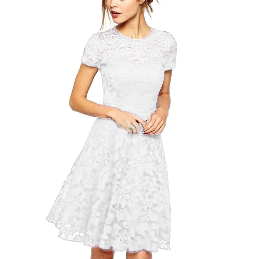 Women Summer Dress See-through Hollow Out Lace Short Sleeves Big Hem Mini Dress Round Neck A-line Prom Dress Women Clothes