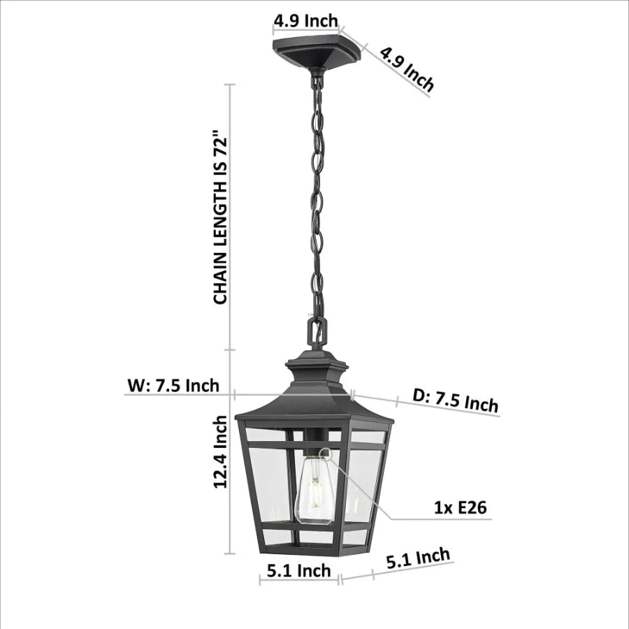 Outdoor Pendant Light E26 Socket 14.5'' Modern Exterior Hanging Light Fixture with Clear Glass Farmhouse Black Metal Outside Ch