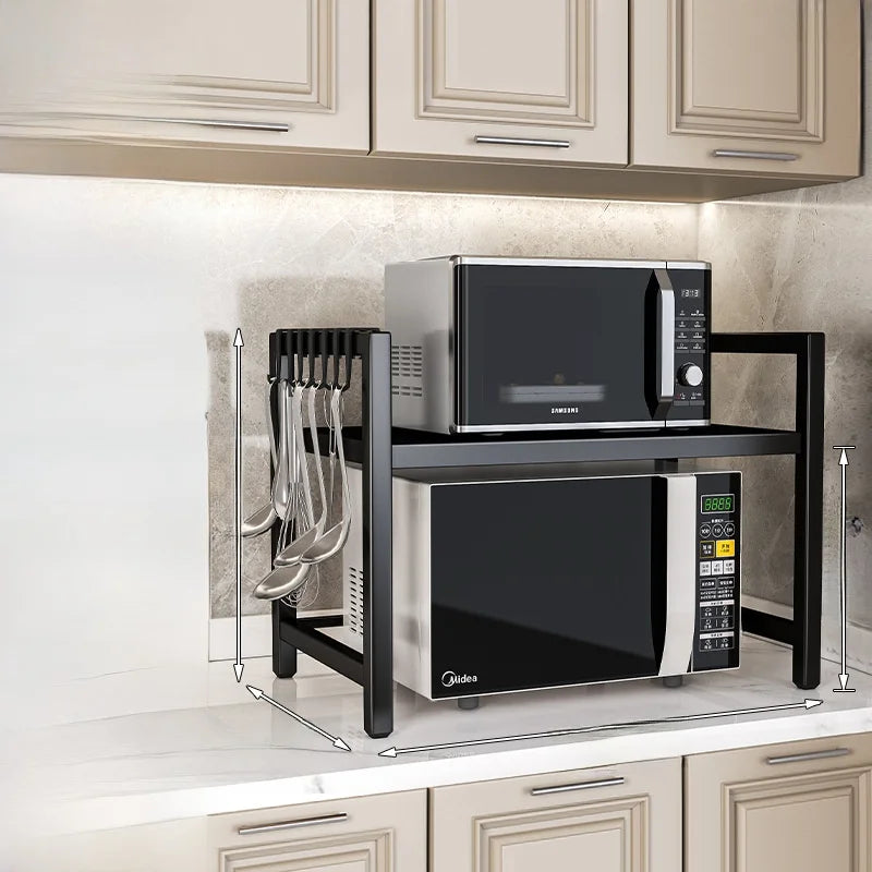 Kitchen Microwave Oven Rack Double Layer Expandable Multi Functional Home Appliance Storage Shelf Carbon Steel No Installatio...