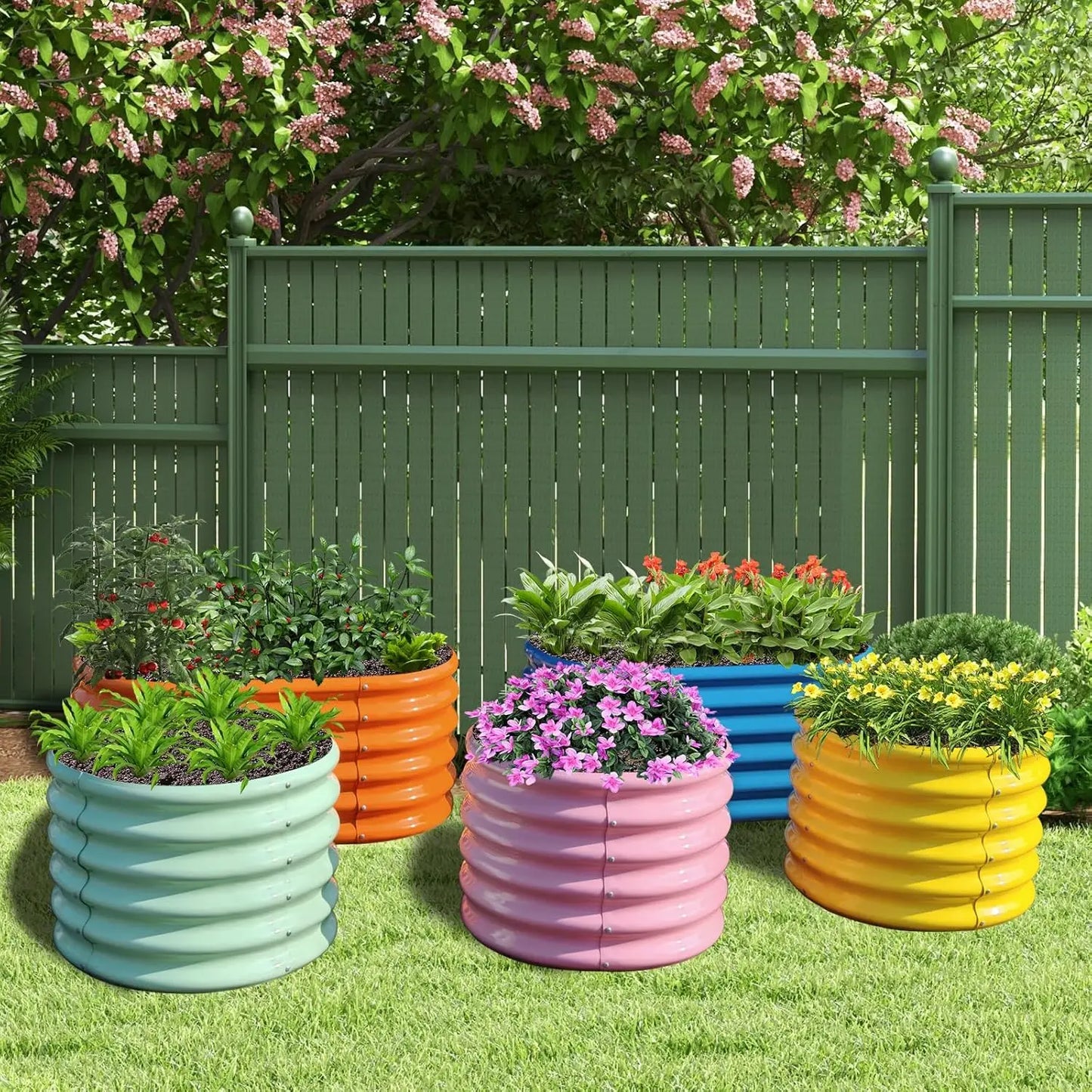 5-Pack 18in Tall Kids Raised Garden Beds Outdoor, 40x24in Oval & 24x24in Round Galvanized Metal Planter Box for Vegetable Flower