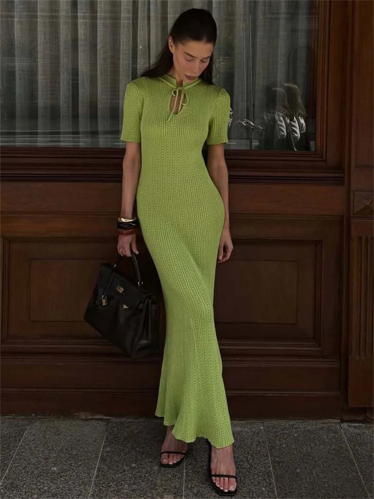 Tossy Women's Knit Lace-Up Dress – Hollow-Out Ribbed Short Sleeve, Patchwork High-Waist Elegant Long Dress