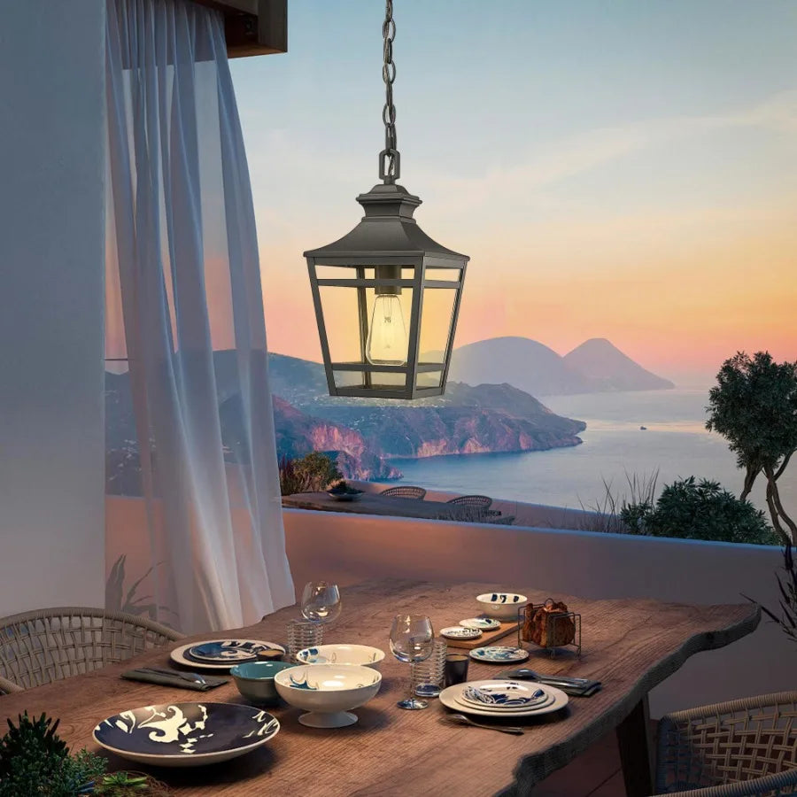 Outdoor Pendant Light E26 Socket 14.5'' Modern Exterior Hanging Light Fixture with Clear Glass Farmhouse Black Metal Outside Ch