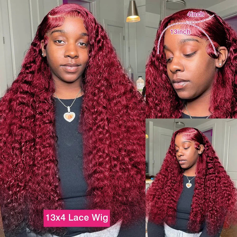 99J Burgundy Colored Curly Wig Transparent 13x6 Lace Frontal Human Hair Preplucked 13x4 HD Lace Frontal Deep Wave Wigs For Women