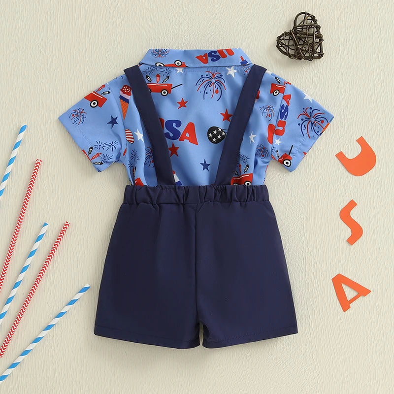 Toddler Boys Independence Day Outfits Short Sleeve Bowtie Romper Suspender Shorts Set Infant Clothing for 4th of July