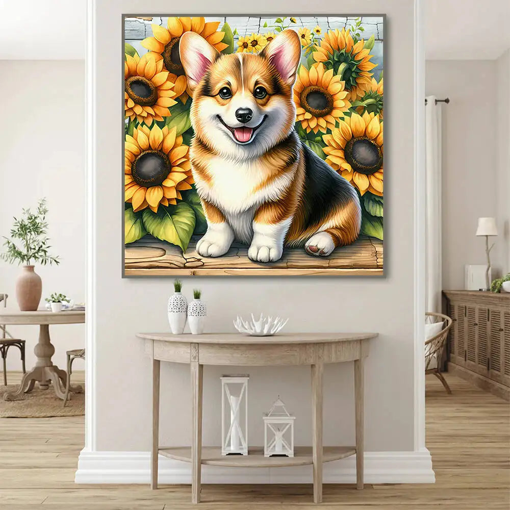 Huacan Diamond Mosaic Dog Animal Sunflower Flower Full Round Square Diamond Painting New Picture For Living Room Home Decoratio
