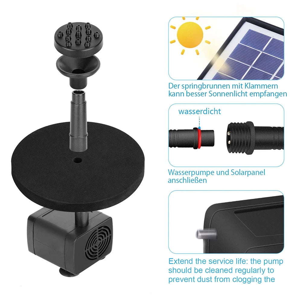 Solar Water Pond Pump Multifunctional with 6 Nozzles Aquarium Wave Maker Decorative Props Portable for Pool Fountain Submersible