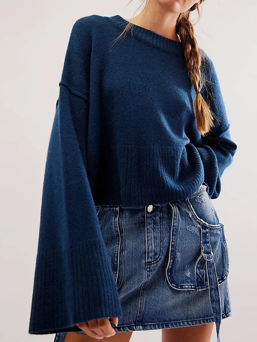 Women s Autumn Winter Knit Sweater Long Flared Sleeve Solid Color Loose Knitwear