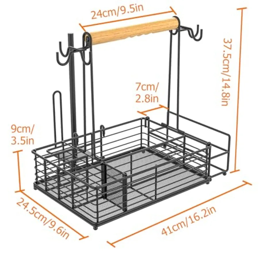 Large Grill Caddy with Paper Towel Holder Side Hooks Utensil Holder Wooden Handle Storage BBQ Tools for Picnic RV Patio Camping