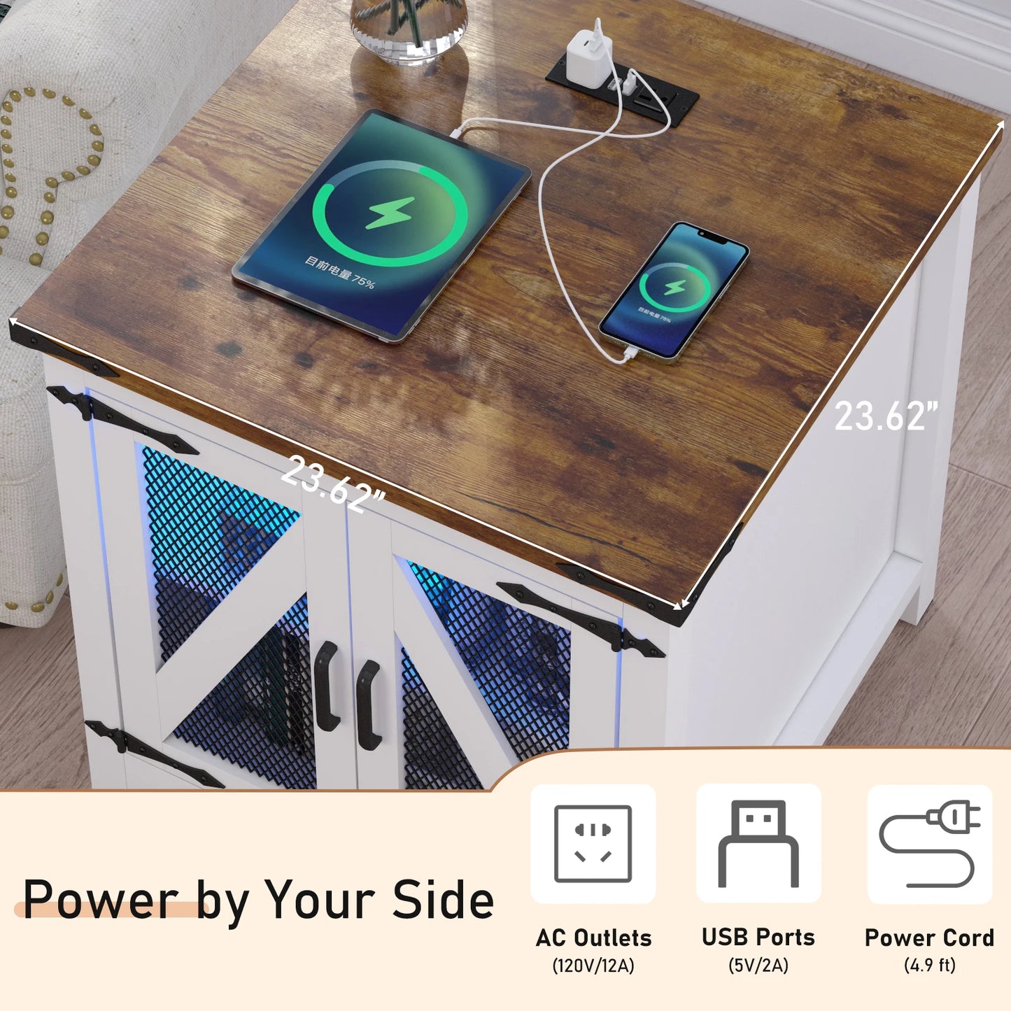 Bedside Table Farmhouse, Side Table Living Room with Charging Station & Adjustable Shelf, Smart Nightstand Organiser for Bedroom Living Room Office Use