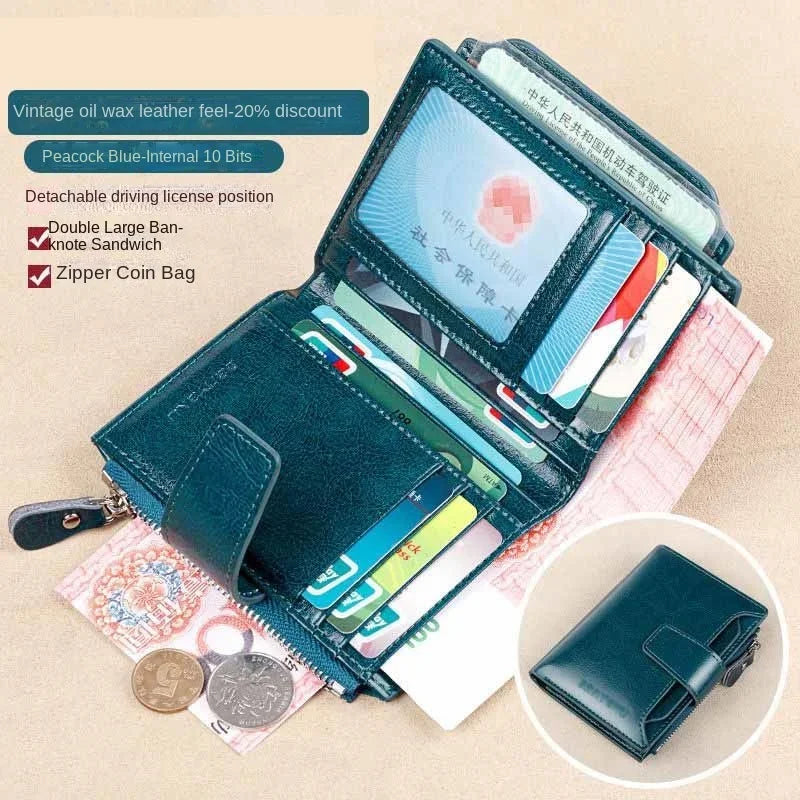 Fashion Vintage RFID Blocking Women Wallet Genuine Leather Fold The Zipper Wallet Credit Card Holder Coin Purse Wallet for Women