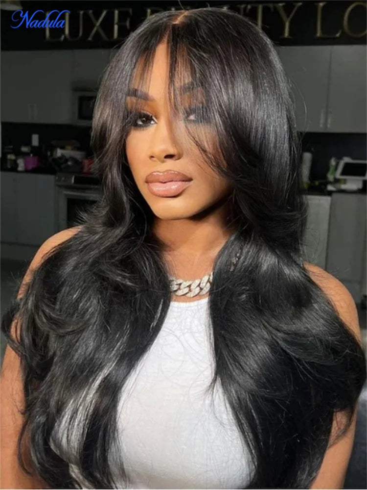 Nadula Hair 3D Body Wave Bangs Drawstring Glueless Human Hair Wig 7x5 Bye Bye Knots Glueless Wig Human Hair Ready to Wear 180%