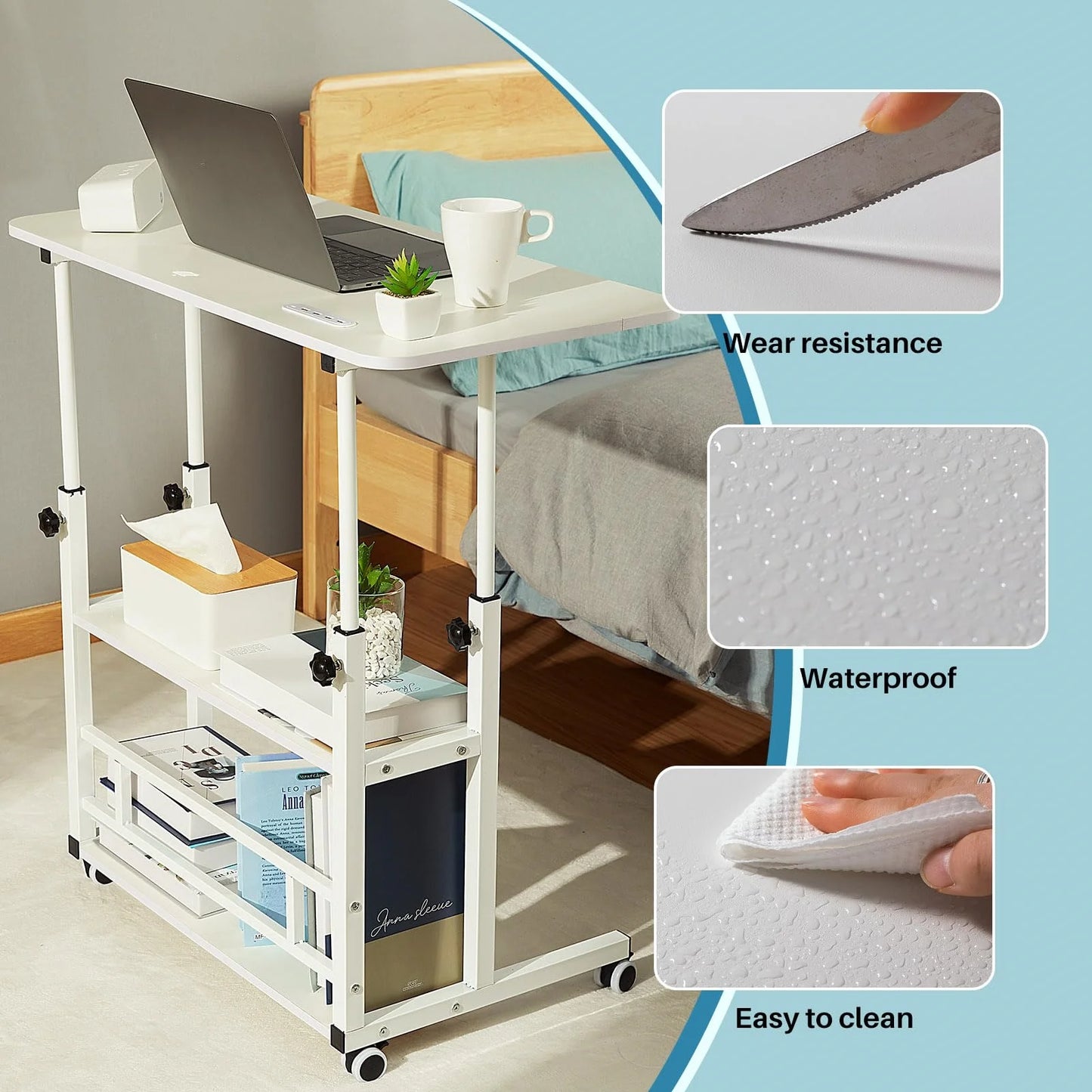 Adjustable Height Student Computer Desk with USB Port, Mobile Portable Bedside Table with Storage, 31.5" Standing Desk for Sofa