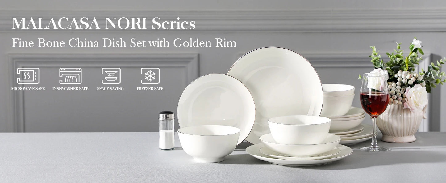 MALACASA NORI 16/32-PIECE Nordic European White Bone China Tableware Set with Bowl,Dinner&Dessert&Soup Plate Set for 4/8 person