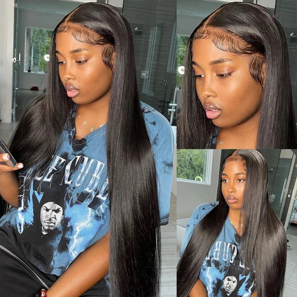 44 46 inches 200 Density Straight 13x6 HD Transparent Lace Natural Color Brazilian Human Hair Wig For Women Frontal Lace Wig