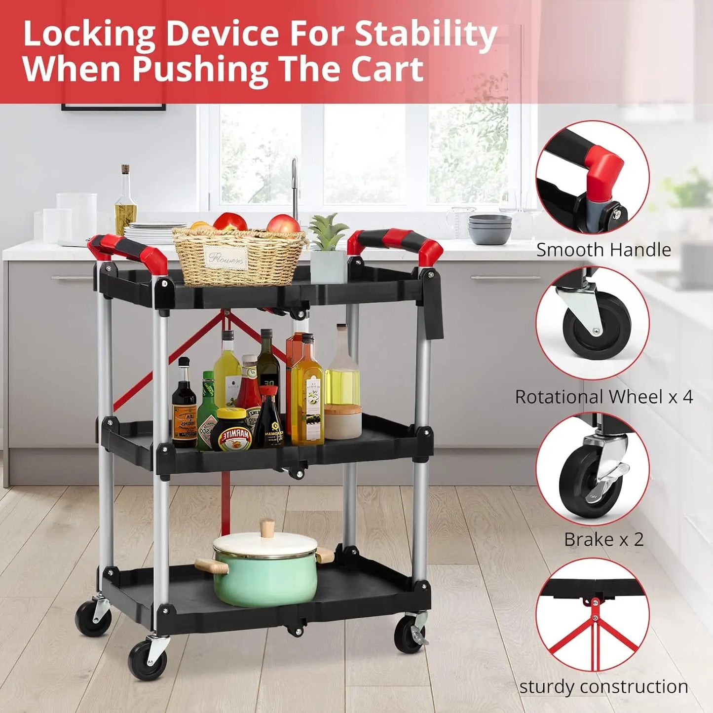 Portable Folding Service Cart, 3 Tier Folding Utility Cart , Collapsible Utility Carts for Office, Warehouse, and Home Kitchen