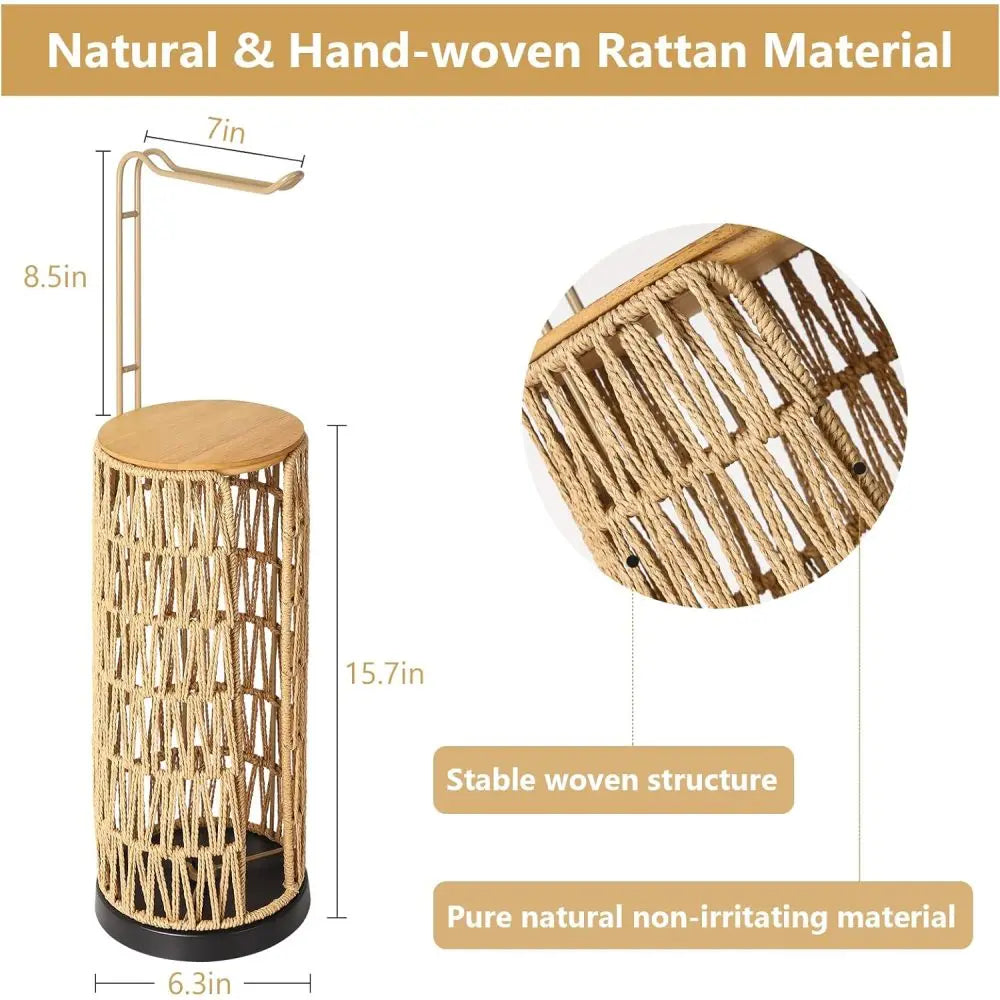 Freestanding Toilet Paper Holder with Storage,3 Rolls of Tissue Holder for Bathroom,Handmade WovenToilet Roll Holder Stand