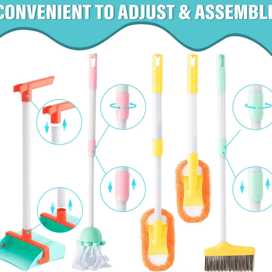 Kids Cleaning Toy Set, Kids Adjustable Mop Broom & Dustpan Set, House Cleaning Tool Toys for children,Random Color
