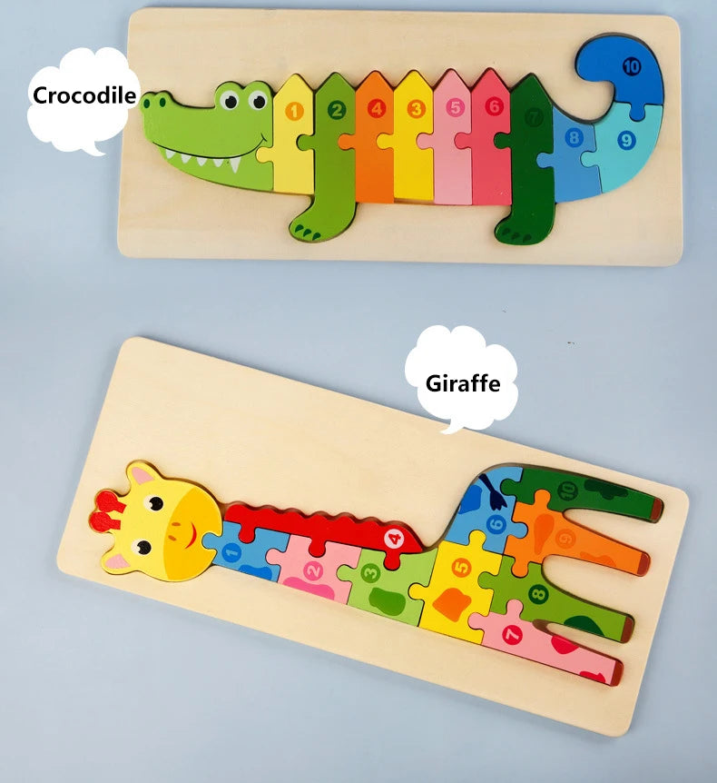 Rectangle Wooden Puzzle for Kids, Animals Vehicles Pattern Colorful Wood Numbered Puzzles For Toddlers