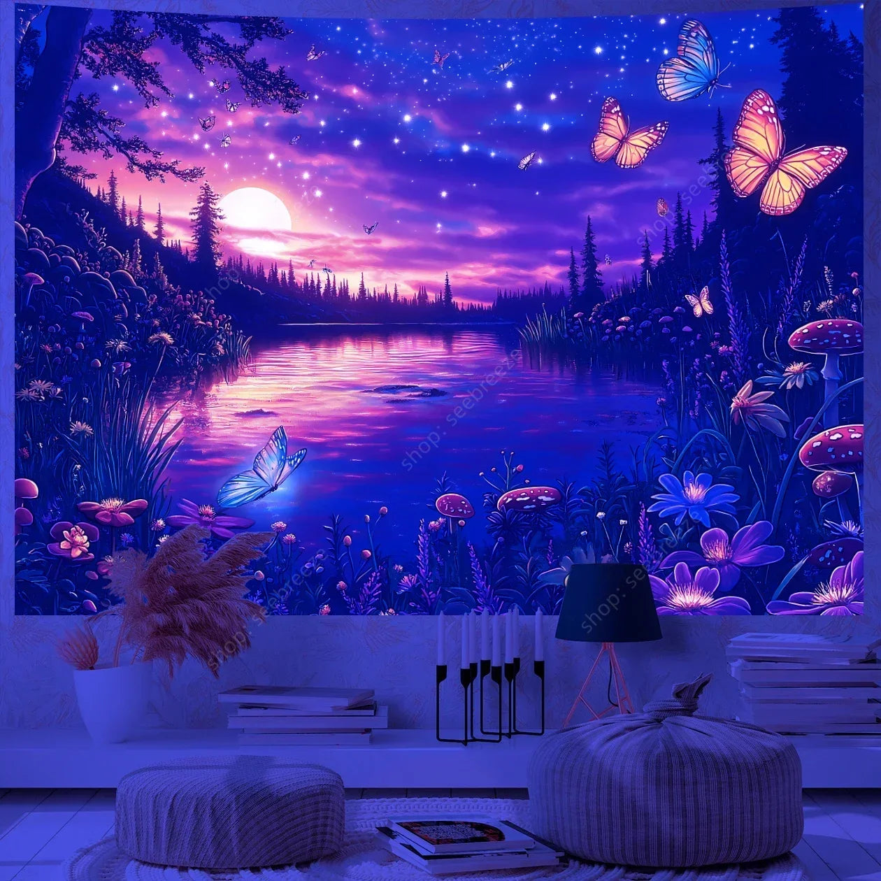 Butterfly Flower UV Reactive Tapestry Wall Hanging Hippie Boho Room Decor