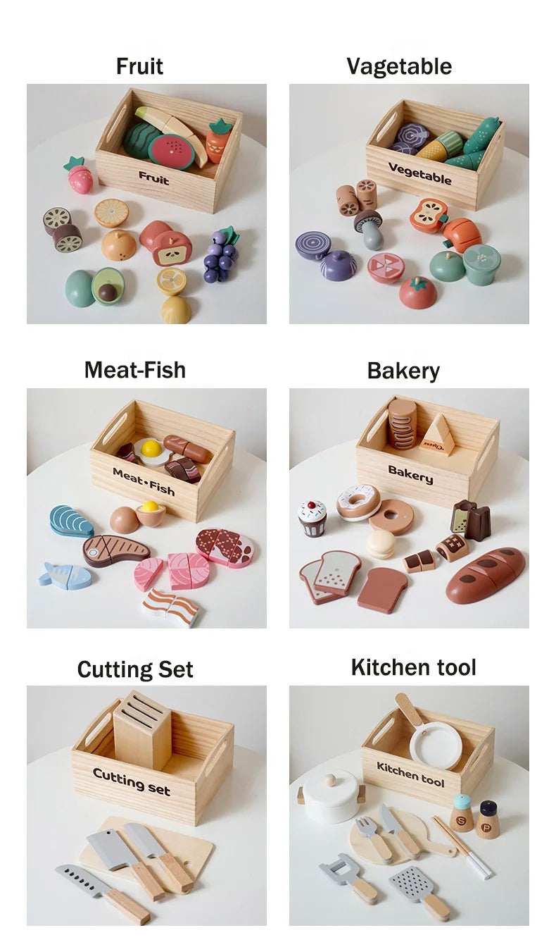 Wooden Pretend Play Kitchen Toys Cutting Food Accessories Set Fruit Vegetable Bakery Meat fish Early Educational Cognition Toys