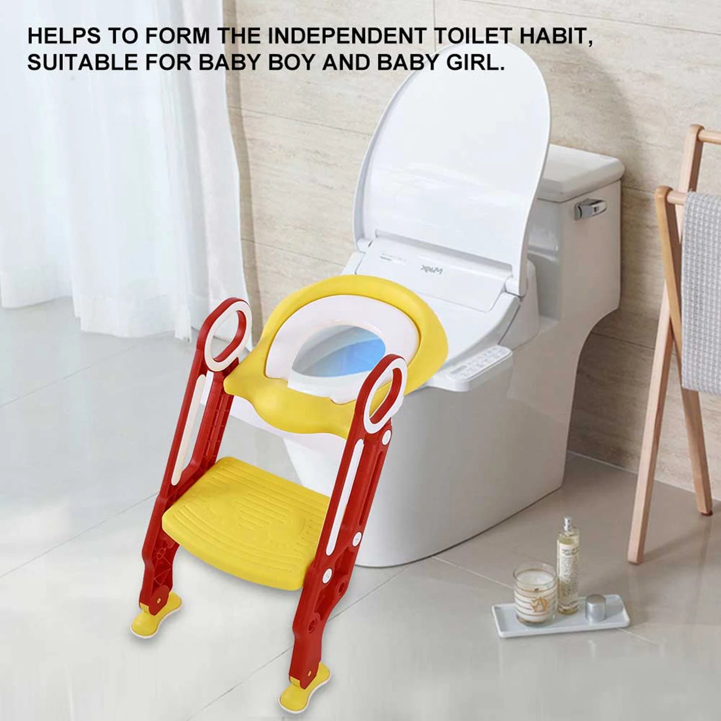 Baby Toddler Soft Toilet Chair Ladder Adjustable Safety Potty Training Seat (Red Yellow)