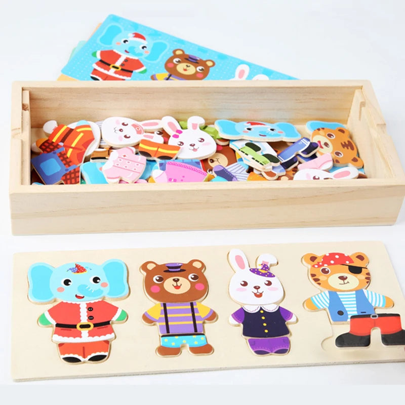 QWZ Little Bear Wooden Jigsaw Puzzle Dressing Game