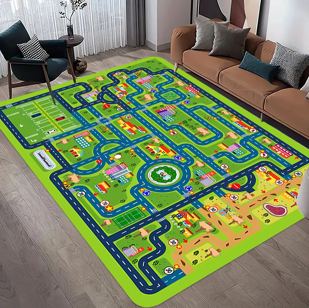 Car Rug Play Mat Road Rug Kid Play Mat Playroom Toy Car Mat Kids Carpet City Map for Bedroom Classroom Home Decor