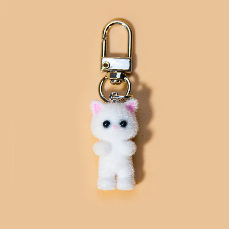 Cute Flocking Cat Keychain 3D Love Phone Pendant Headphone Case Charm Bag Decor Car Key Ring Jewelry Gift