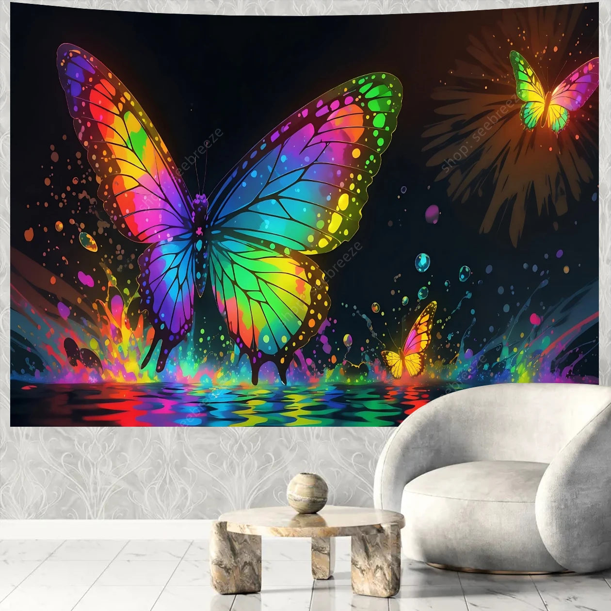 Butterfly Flower UV Reactive Tapestry Wall Hanging Hippie Boho Room Decor