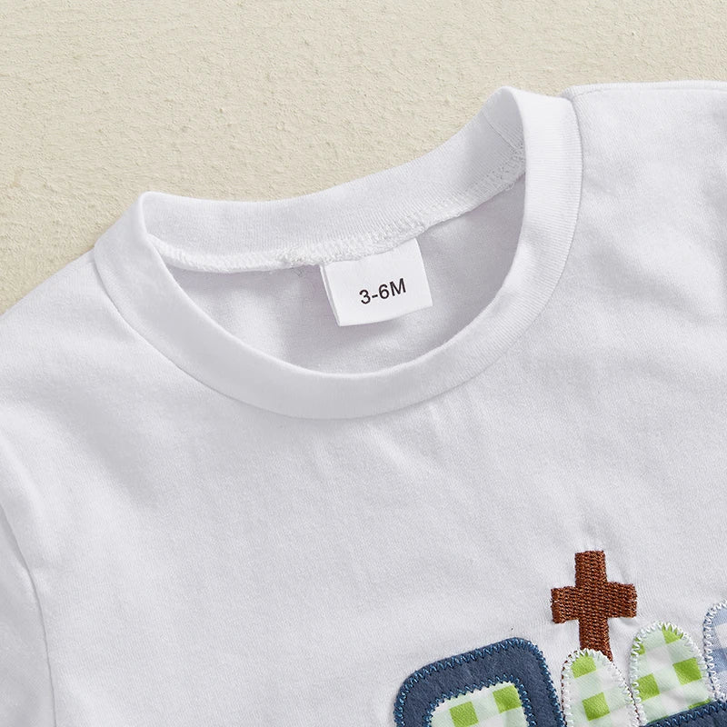 Adorable Infant Boys Summer Outfits Embroidered Round Neck Tee and Shorts Set for Easter Celebrations - 2 Piece Set