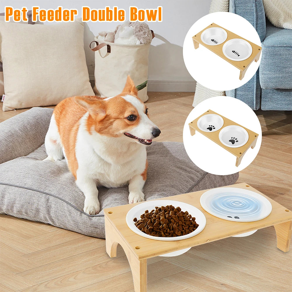 Double Ceramic Pet Bowl with Bamboo Stand – Elevated Food & Water Bowls for Dogs & Cats