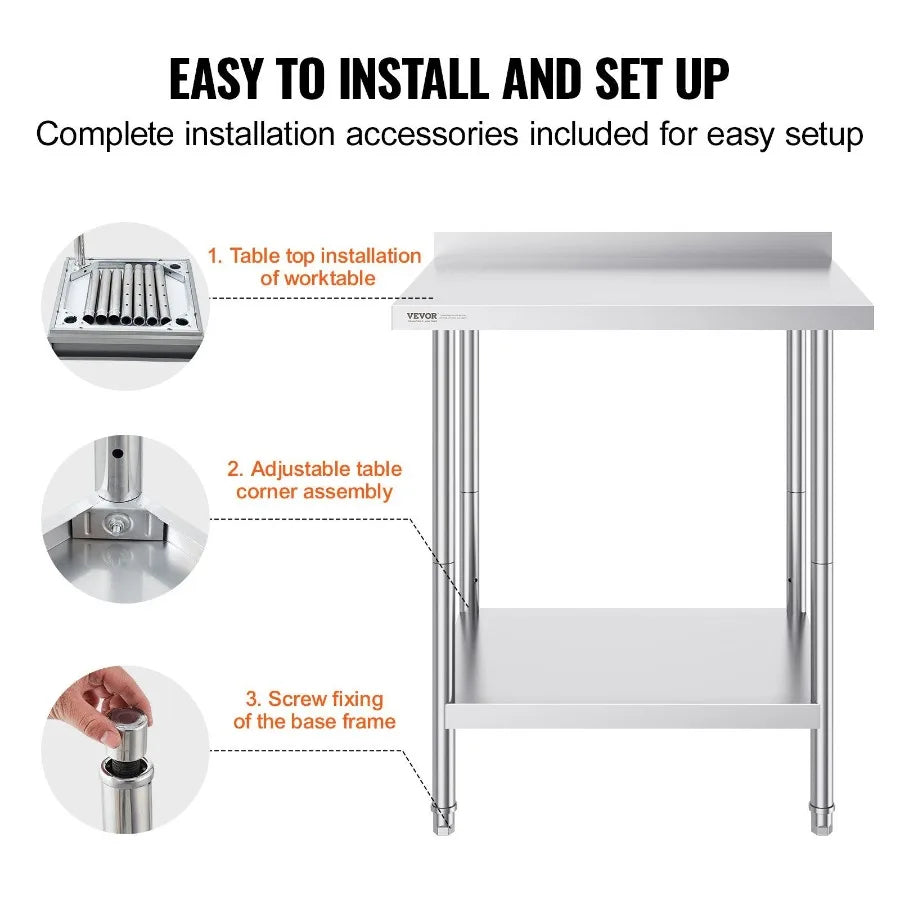 VEVOR Stainless Steel Work Table Commercial Heavy Duty Food Prep Worktable with Adjustable Height for Restaurant Home and Hotel